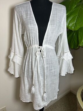 Blue Island Women’s Linen-Look Cotton Blend White Beach Coverup Size Medium